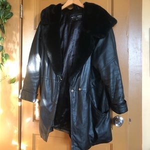 Vintage Hooded Leather Coat long length with faux black fur